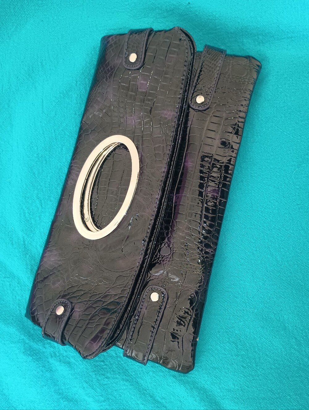 Chinese Laundry Vintage Purple Faux Croc Foldover Clutch Ring Handle Bag Studded
